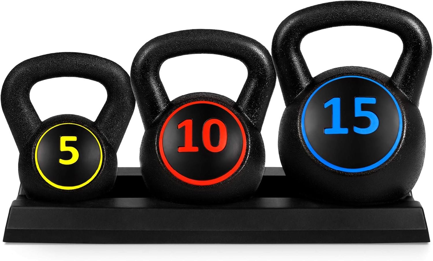 3-Piece Kettlebell Set with Storage Rack,  Coated Exercise Fitness Concrete Weights for Home Gym, Strength Training, HIIT Workout 5lb, 10lb, 15lb